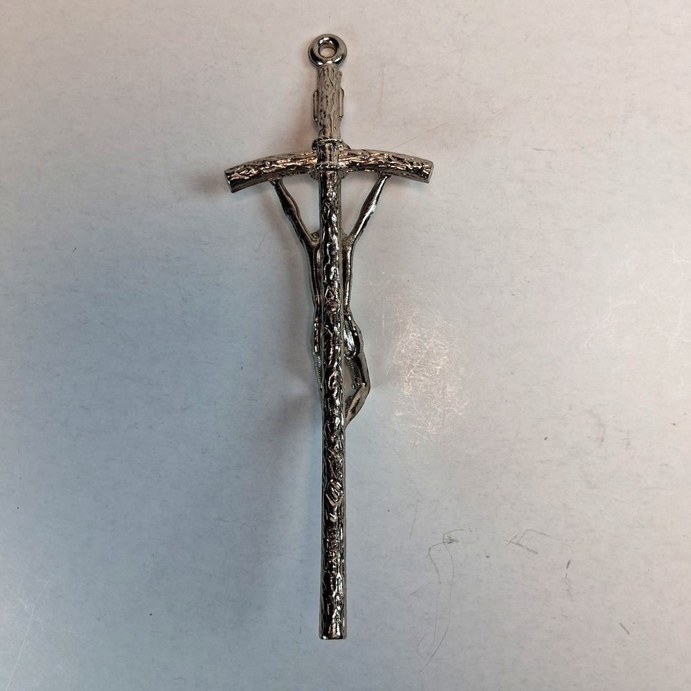 Vintage Italy Papal Pectoral Cross Pendant Silver Tone Bent Crucifix INRI 5+" - Picture 4 of 8